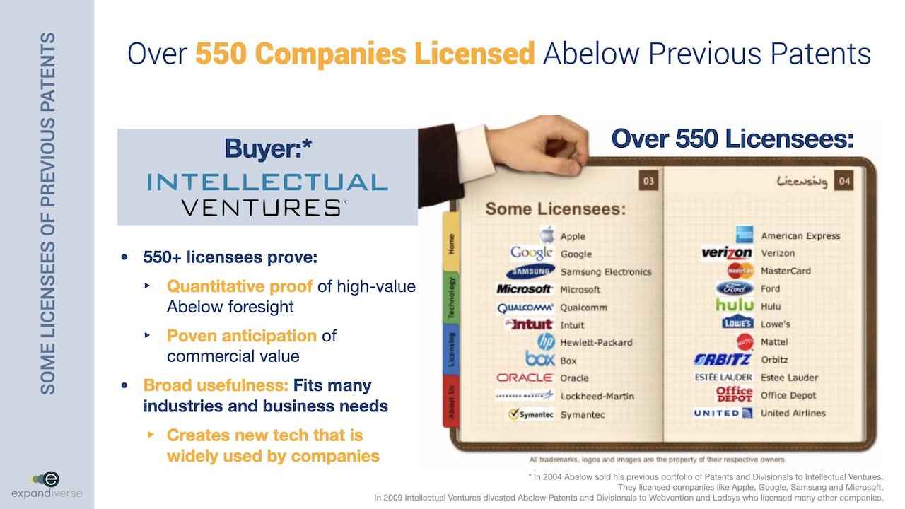 Expandiverse Technology: Over 550 companies licensed the inventor's previous patents